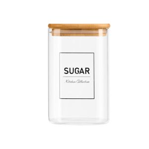 Буркан Vivalto, боросиликатно стъкло, с бамбуков капак, надпис захар, 1.2 L