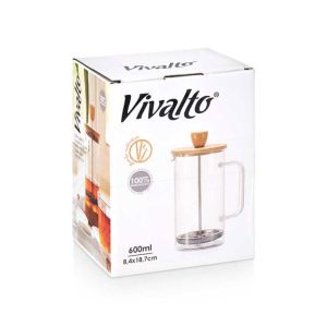 Кана с преса Vivalto, боросиликатно стъкло, с бамбуков капак, 600 ml