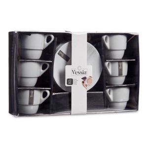Чаша за кафе Vessia, с чиния, порцеланова, 200 ml, бяла, 6 броя
