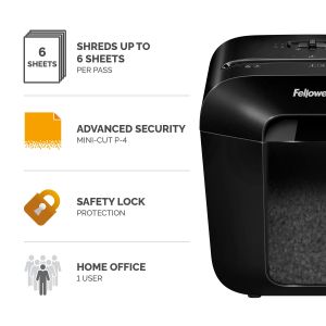 Шредер за унищожаване на документи Fellowes Powershred LX25M, P-4, Mini-Cut, 11.5 L, черен, време за почивка 30 мин