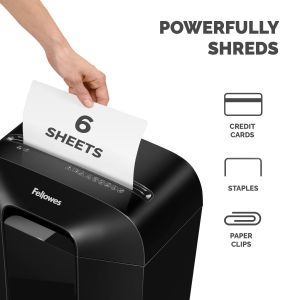 Шредер за унищожаване на документи Fellowes Powershred LX25M, P-4, Mini-Cut, 11.5 L, черен, време за почивка 30 мин