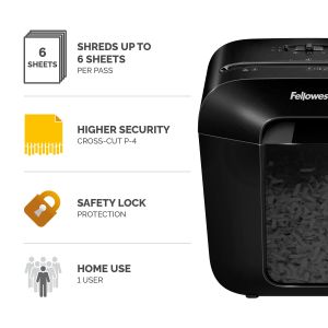 Шредер за унищожаване на документи Fellowes Powershred LX25, P-4, Cross-Cut, черен, обем на коша 11 L, време за работа 3 мин