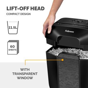 Шредер за унищожаване на документи Fellowes Powershred LX25, P-4, Cross-Cut, черен, обем на коша 11 L, време за работа 3 мин