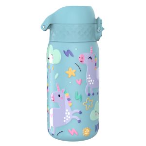 Бутилка за вода Ion8 Print, метална, 400ml, ЕДНОРОЗИ СИН