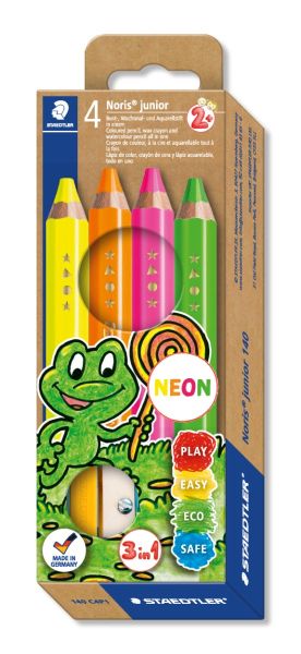 Цвeтни  моливи Staedtler Noris Junior, 4 неонoви цветове + острилка